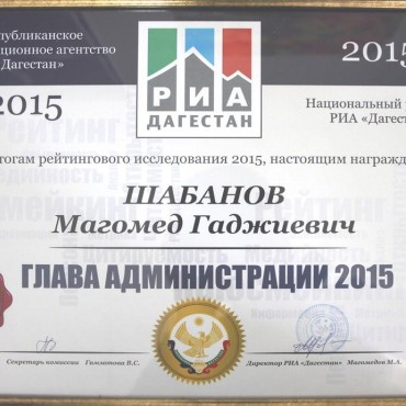 Диплом победителя в номинации "Глава администрации 2015" по версии РИА